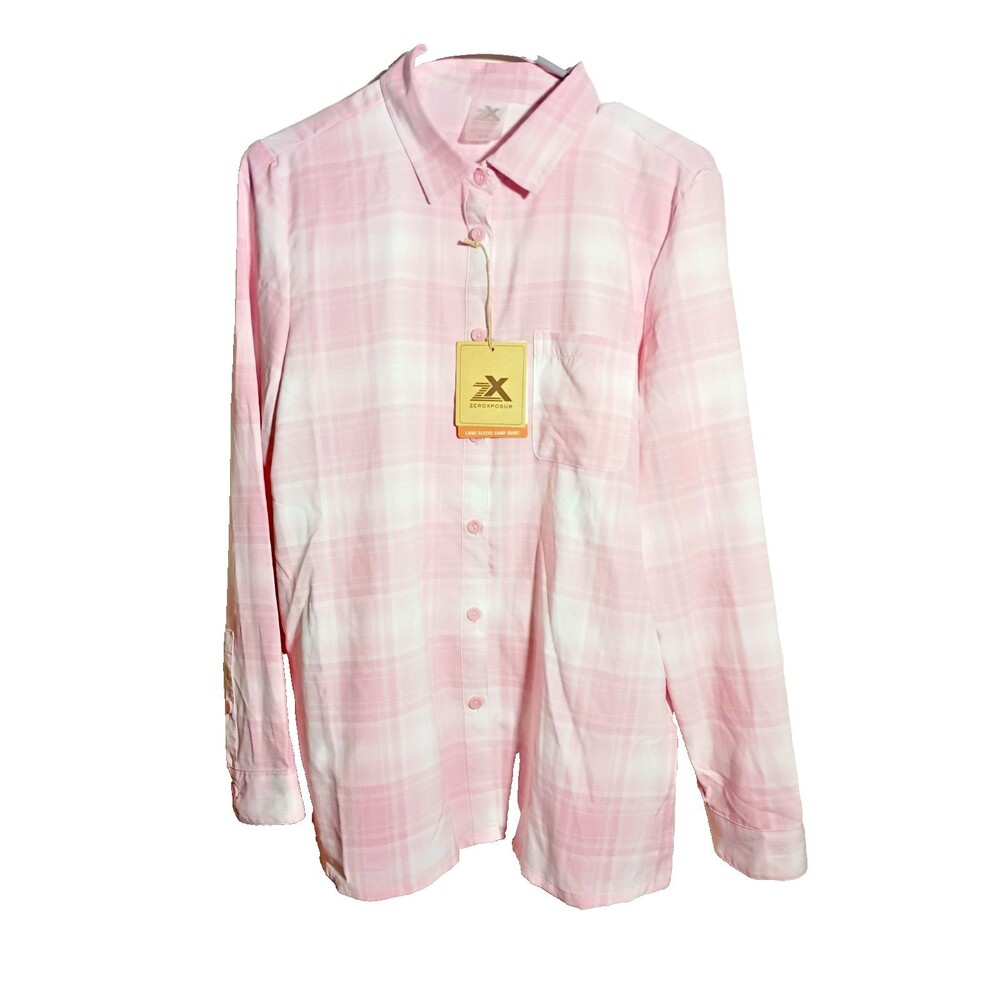 Zeroxposur Woman M Pink Glen LS Camp Shirt Button Pocket LS pink plaid buttonup